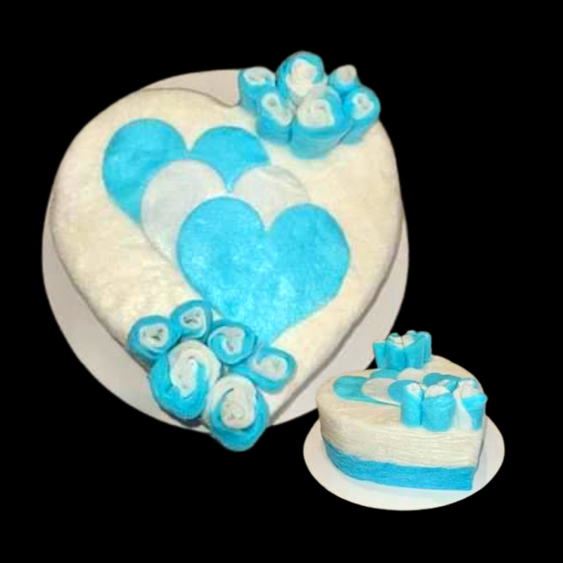 Heart shaped cotton candy cake with one dozen cotton candy rose buds on top
